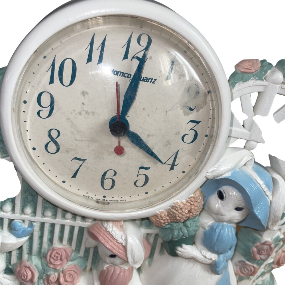 Homco Quartz Bunny Rabbit Garden Scene Mantel Clock Pink Roses Gate - Picture 2 of 16